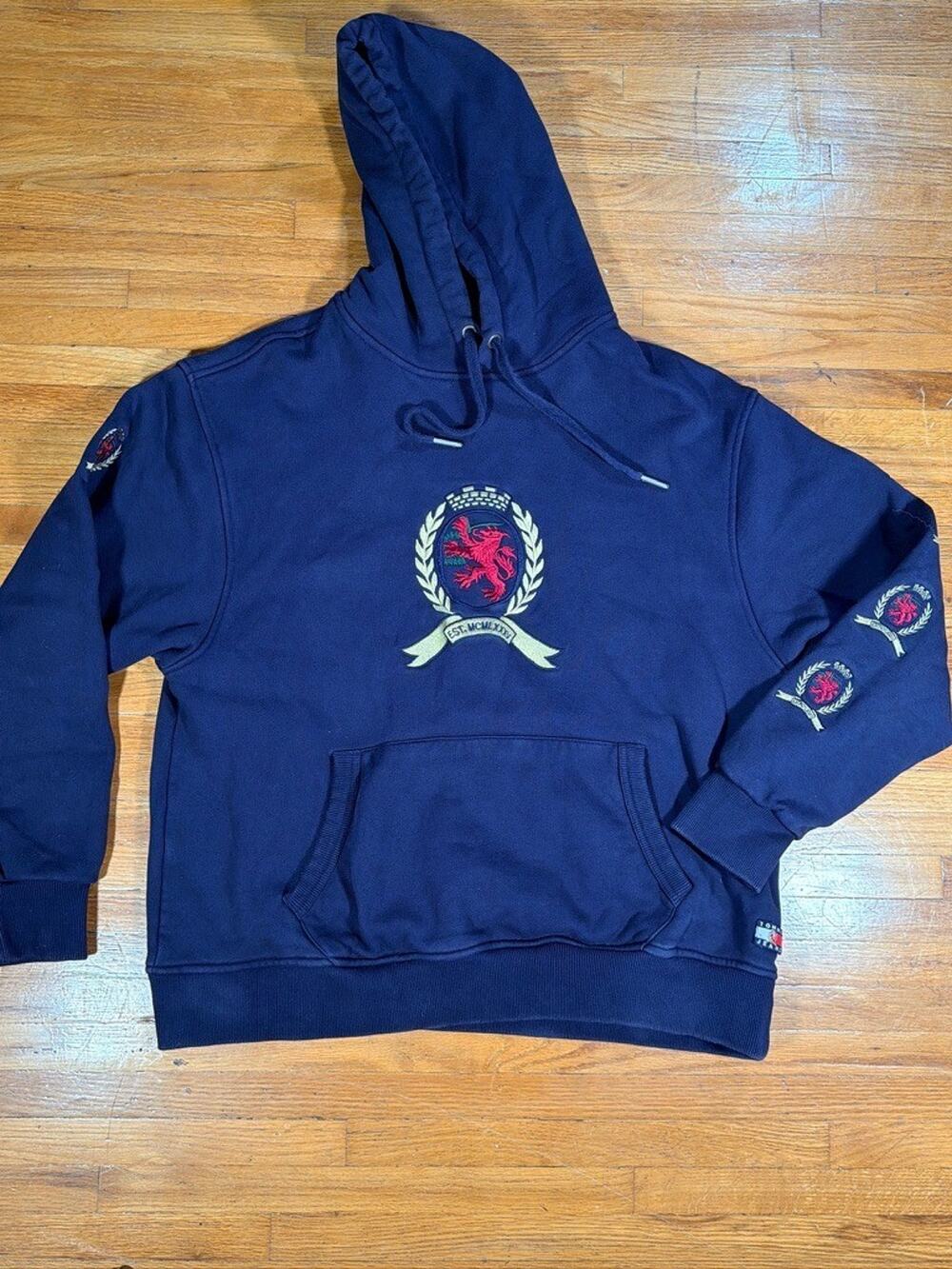 Tommy Jeans Crest Collection Navy Hoodie Embroidered TJ Crest EUC Size Small